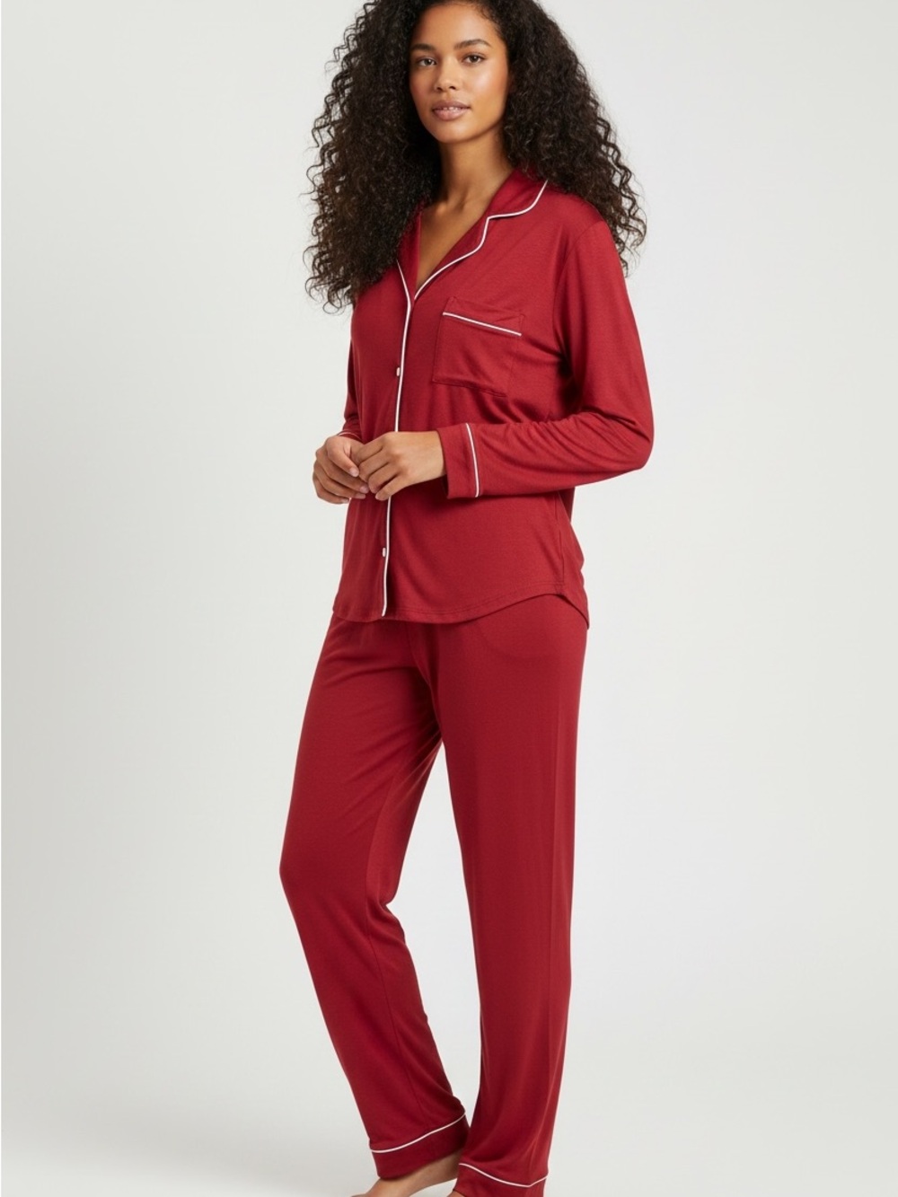Eberjey Gisele Red Modal Soft Two Piece Long Sleeve Button Down PJ Set Size M